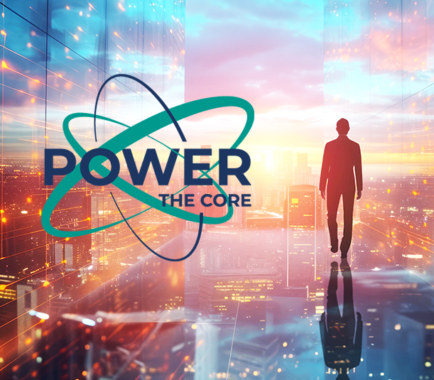 Power the Core logo in a city landscape